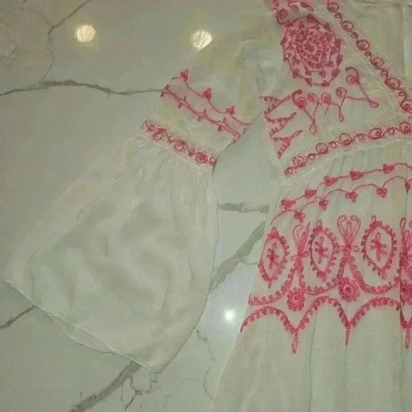 Chach Womens Boho Long Bell Sleeves Embroidered Dress White Size Large - Picture 2 of 11